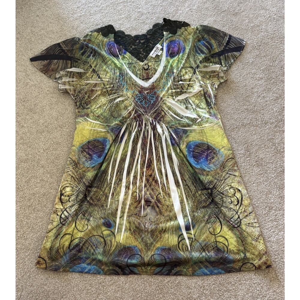 Y2K Peacock Bedazzled Fit And Flare Top Size Small